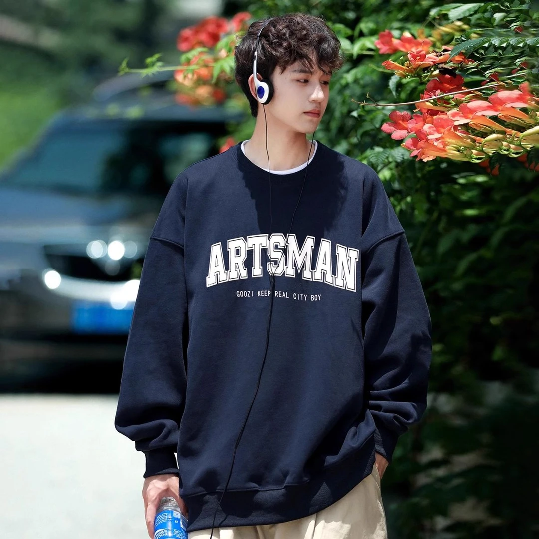 FAVMARTHA重磅圆领厚棉T男秋冬2025新款美式男生印花无帽上衣加绒