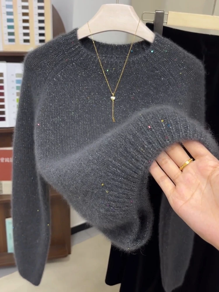 欧货设计感灰色慵懒风针织毛衣女装2025秋冬季高级感彩纱百搭上衣