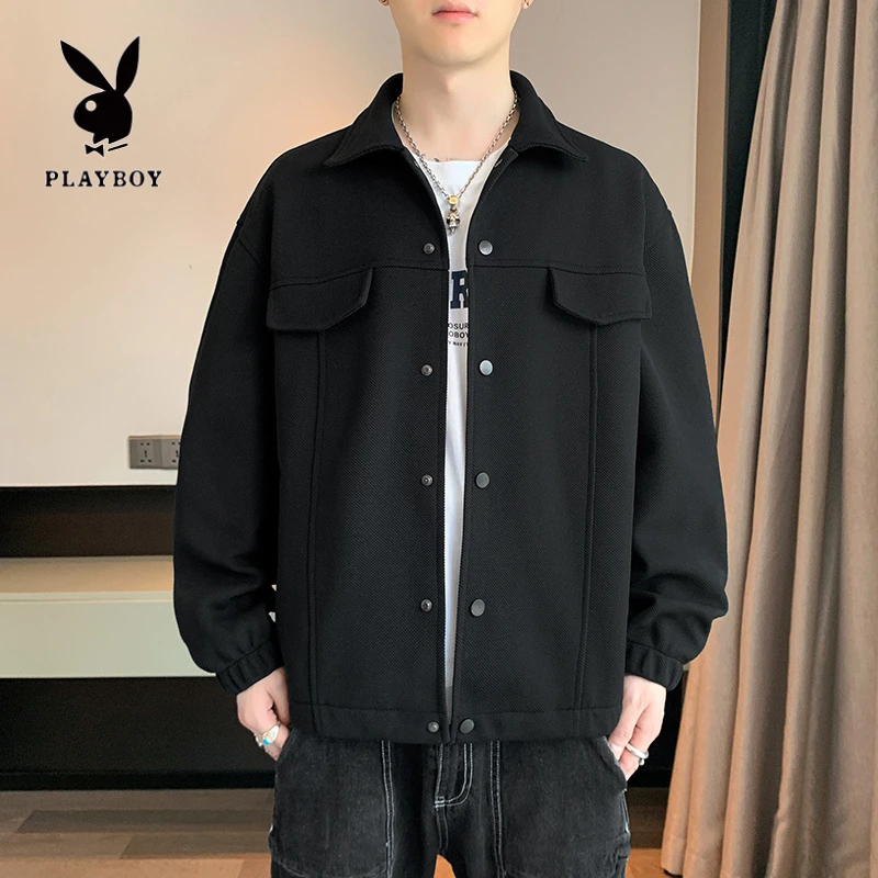 PLAYBOY/花花公子美式潮牌工装夹克男春秋季翻领纯色百搭情侣外套