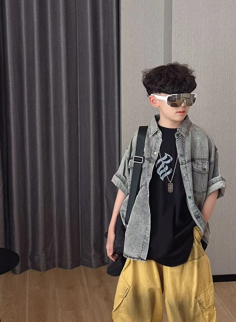 【蜡小新】【牛仔很薄】儿童夏季牛仔衬衫 很薄的牛仔，模特穿150，