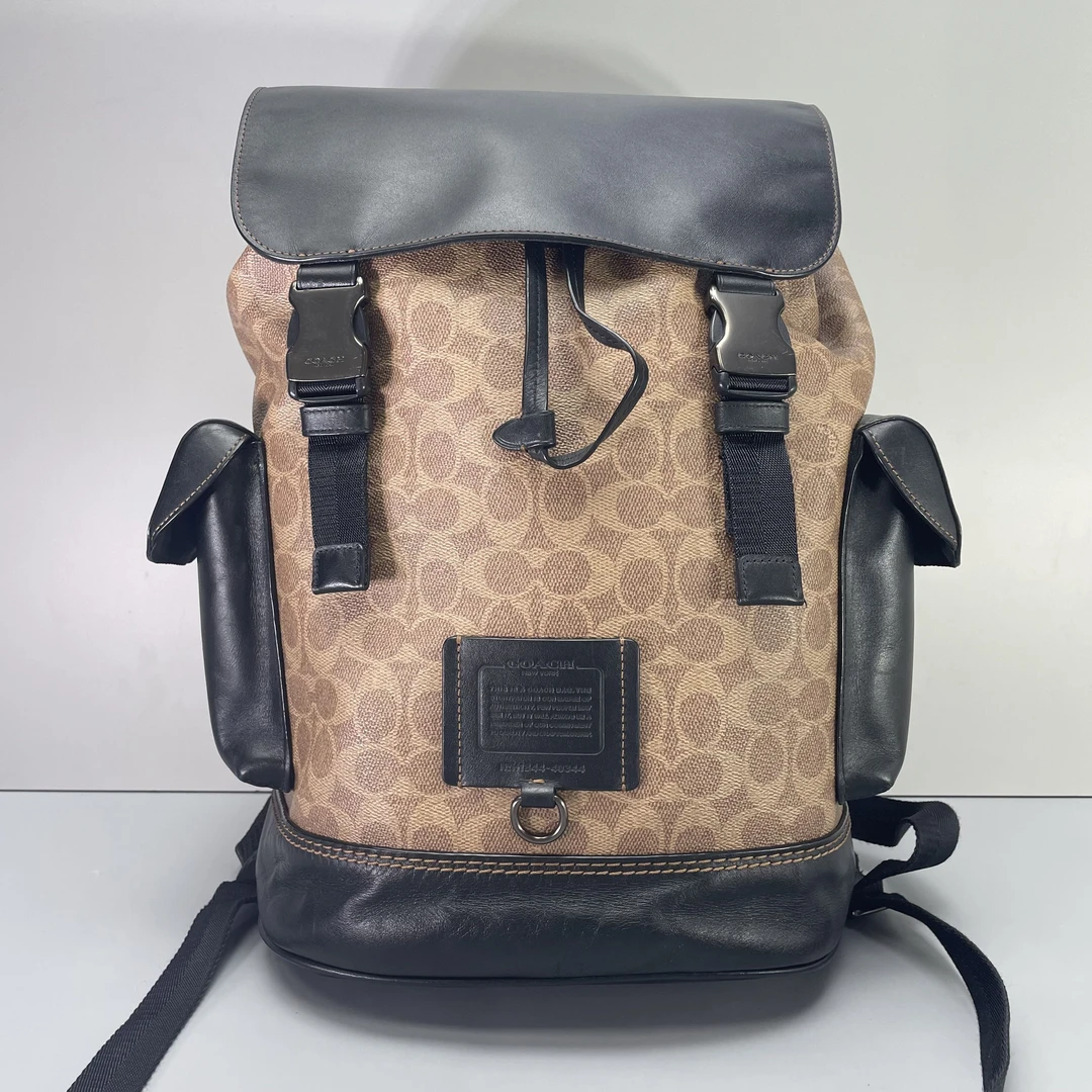 95新 COACH/蔻驰 黑拼棕老花男士大号双肩包40*33*13cmM050417