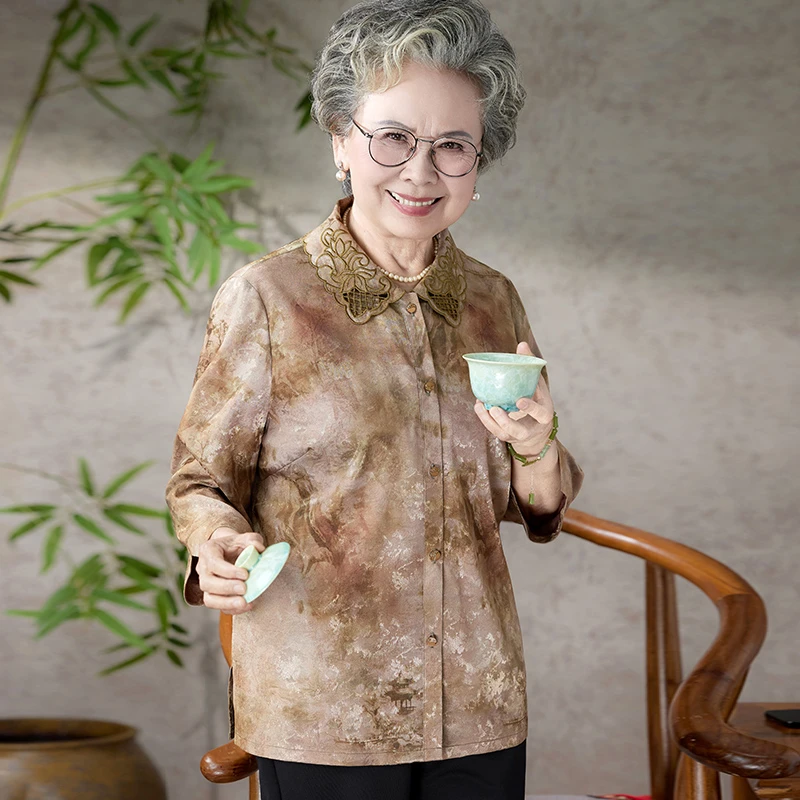 奶奶夏装衬衫七分袖中老年人妈妈夏季国风衬衣翻领宽松大码衣服女