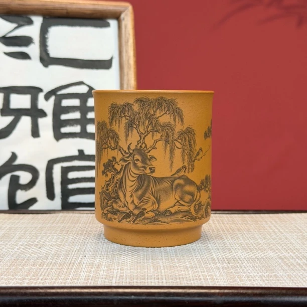 宜兴原矿紫砂黄金朱泥主人杯刻绘菩提动物直筒杯茶杯精致家用茶器