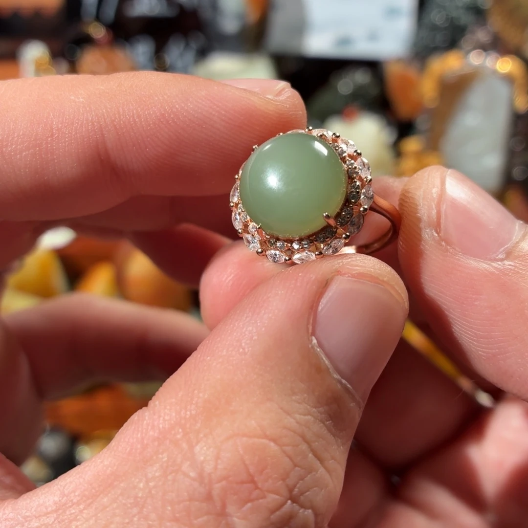 和田玉（碧玉）银S925镶嵌戒指4.3