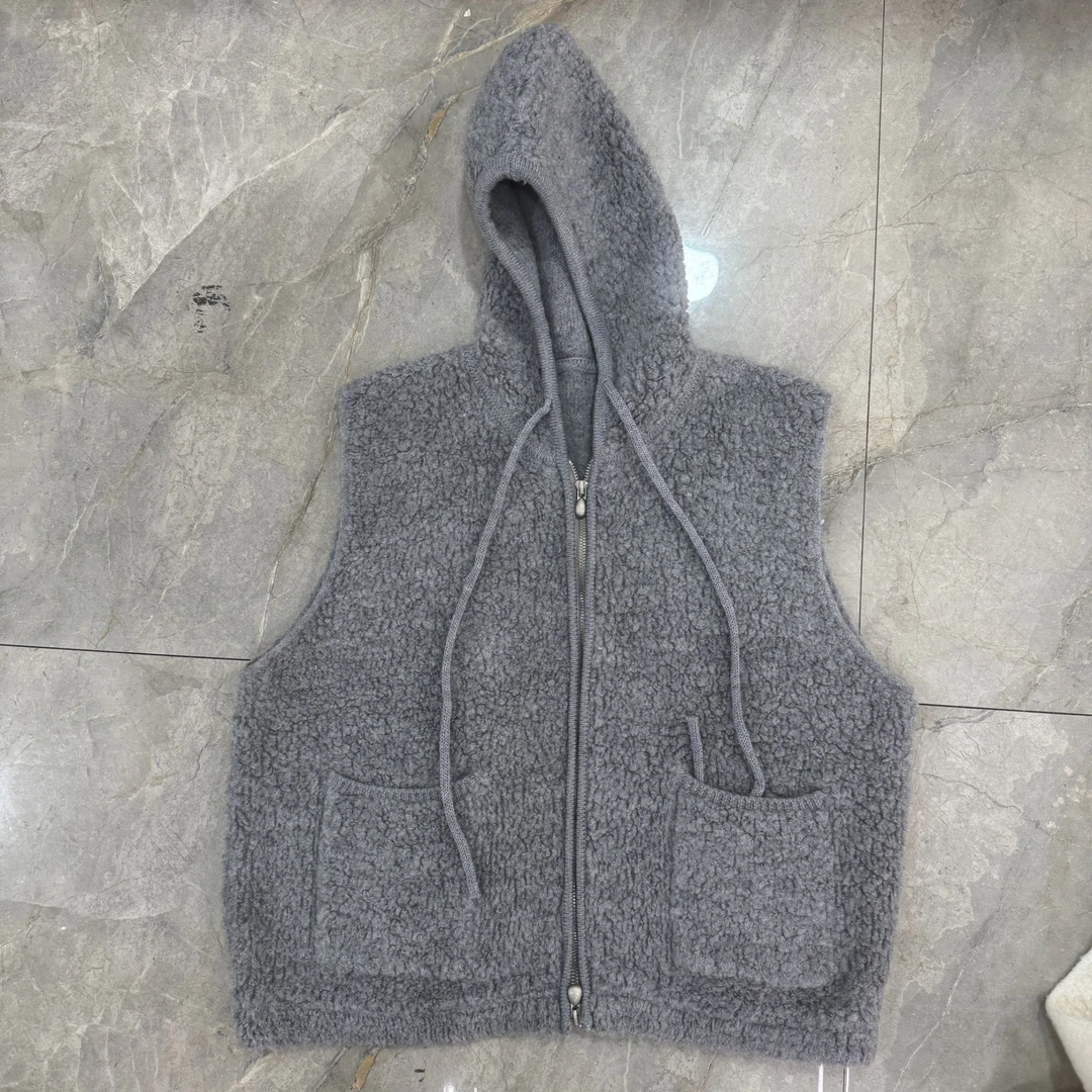 100%绵羊毛新款韩版时尚针织百搭休闲纯色带帽口袋马甲58382