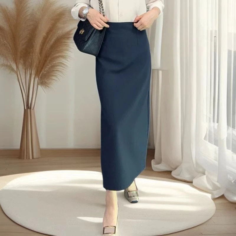 3QL01加长A字半身裙新款高档气质高腰显瘦后开叉半身裙
