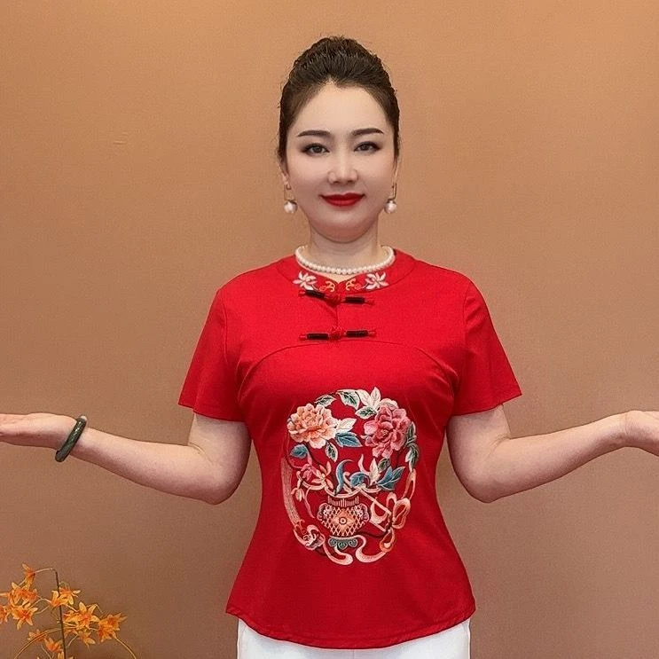 夏季新款复古盘扣短袖刺绣修身打底T恤女装民族绣花上衣