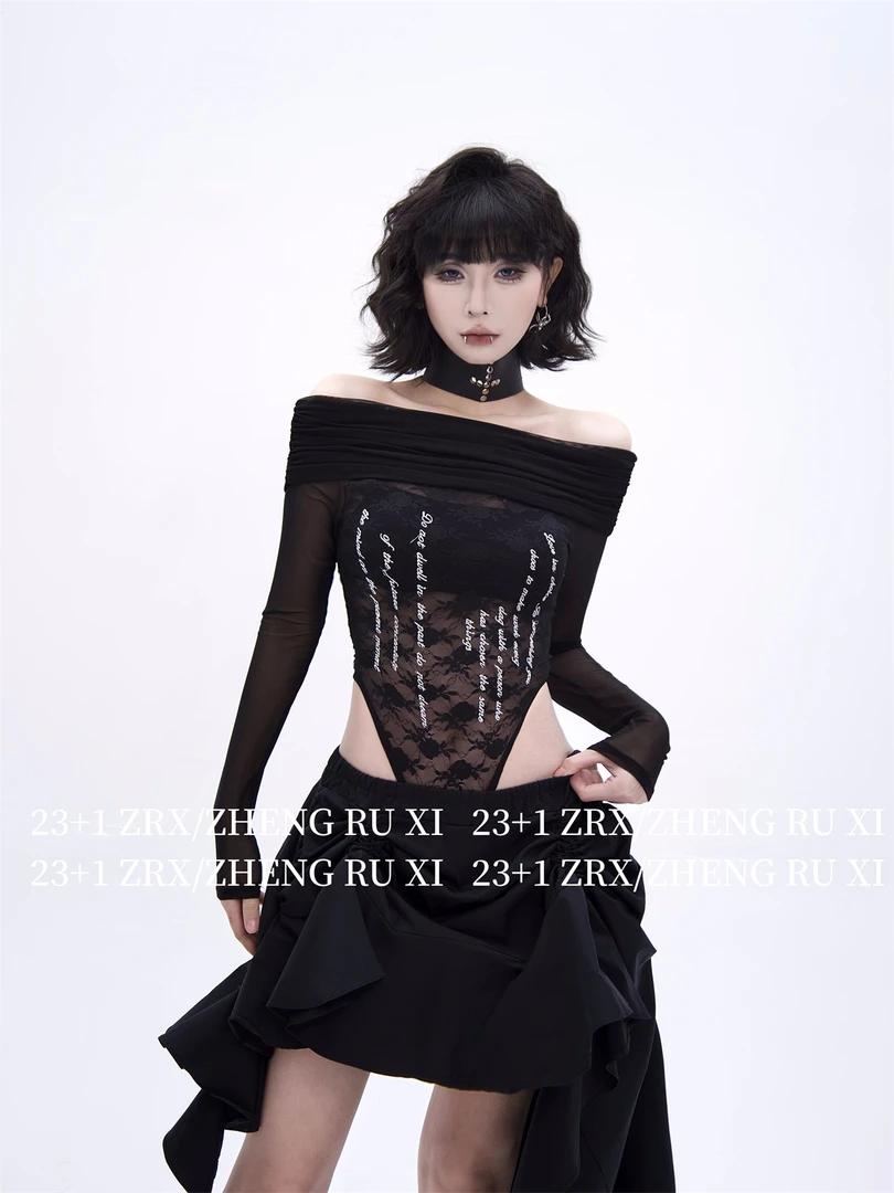 付新博女装刺绣蕾丝一字肩连体T恤女纯欲辣妹性感镂空上衣13629