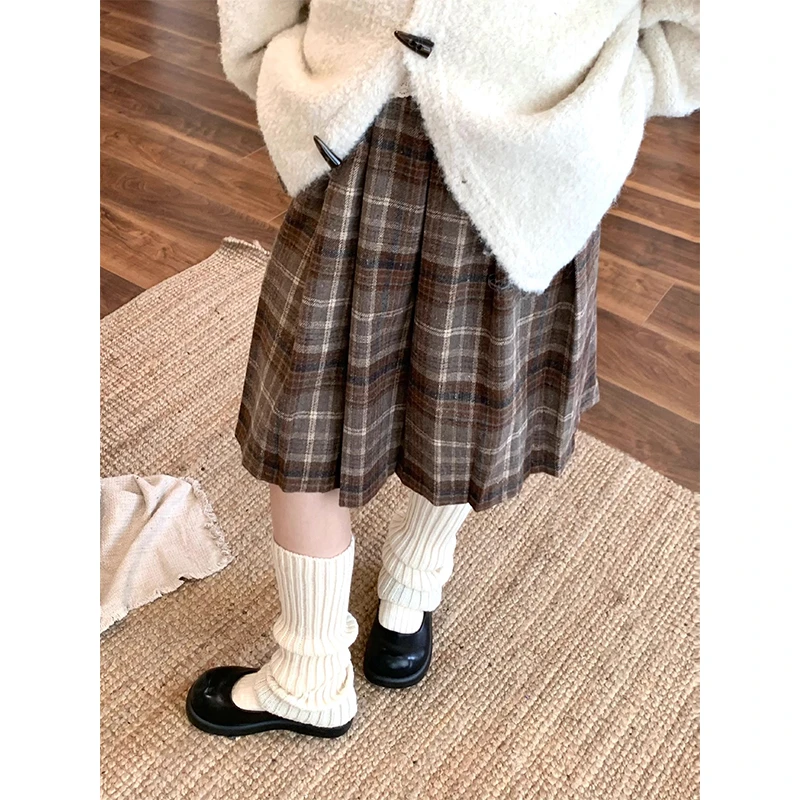 韩系学院风棕色格子百褶a字中裙女秋冬款高腰显瘦百搭呢子半身裙