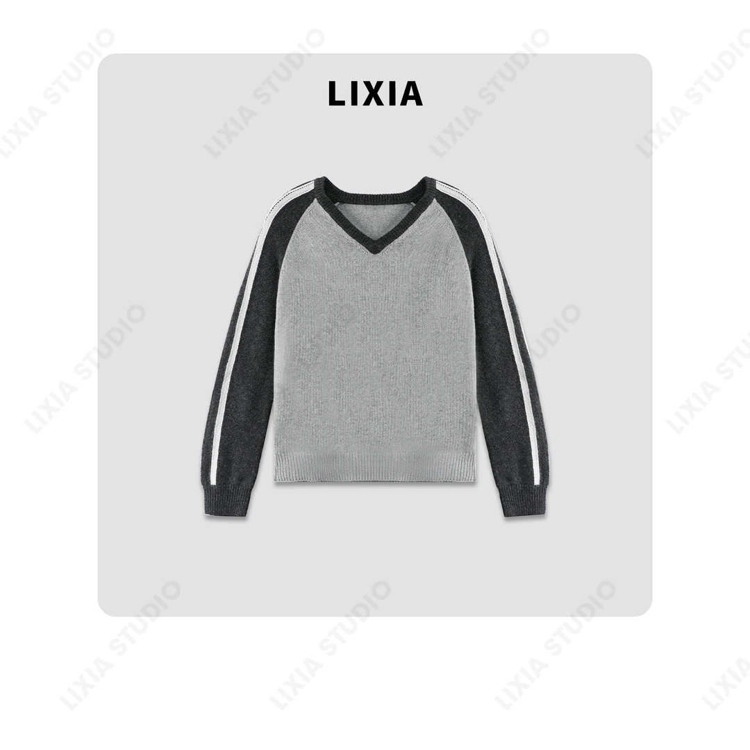 LIXIA【时尚条轮】全羊毛V领插件条纹袖子设计感毛衣-A7316