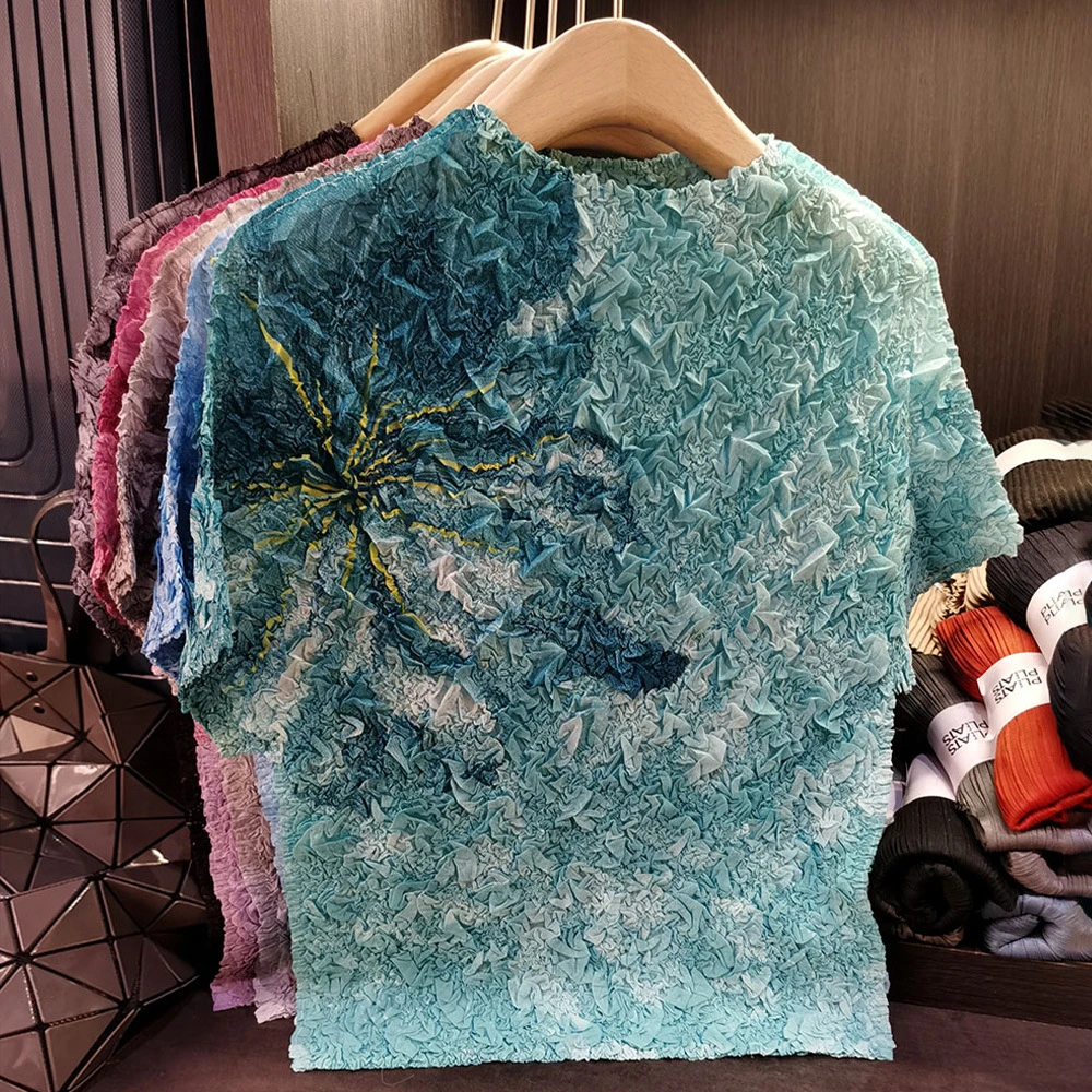 高端设计感扎染印花褶皱上衣气质通勤百搭短袖T恤女夏季新款