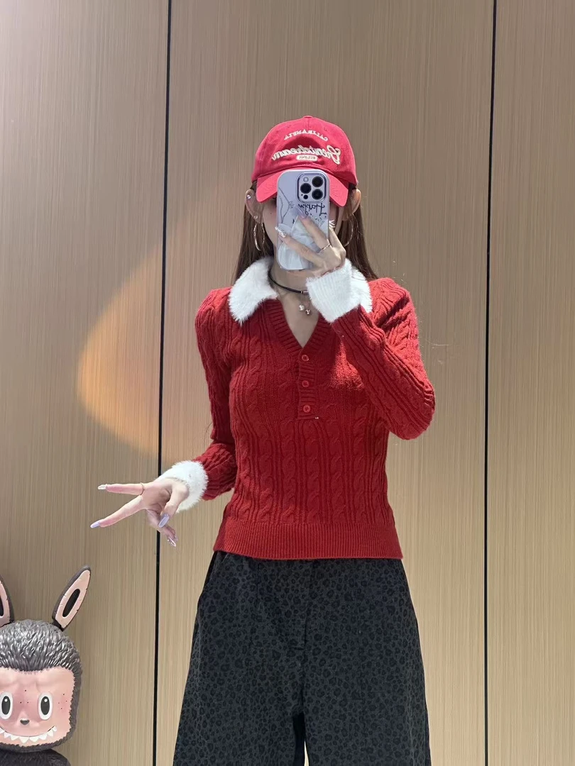 XX237秋冬季红色毛毛领POLO领麻花针织衫女长袖修身显瘦百搭上衣
