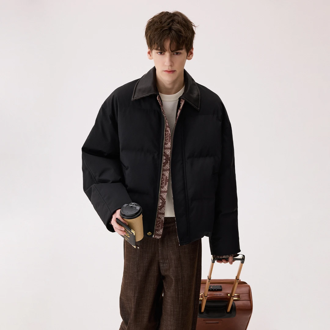 CHICERRO西西里男装腰果花拼接皮领手塞棉服男士短款时尚休闲宽松