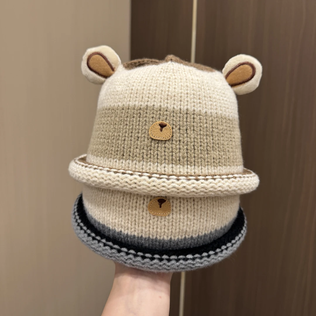 MIDIXIN/米迪昕宝宝秋冬季拼色卷边针织帽男女儿童卡通小熊毛线帽