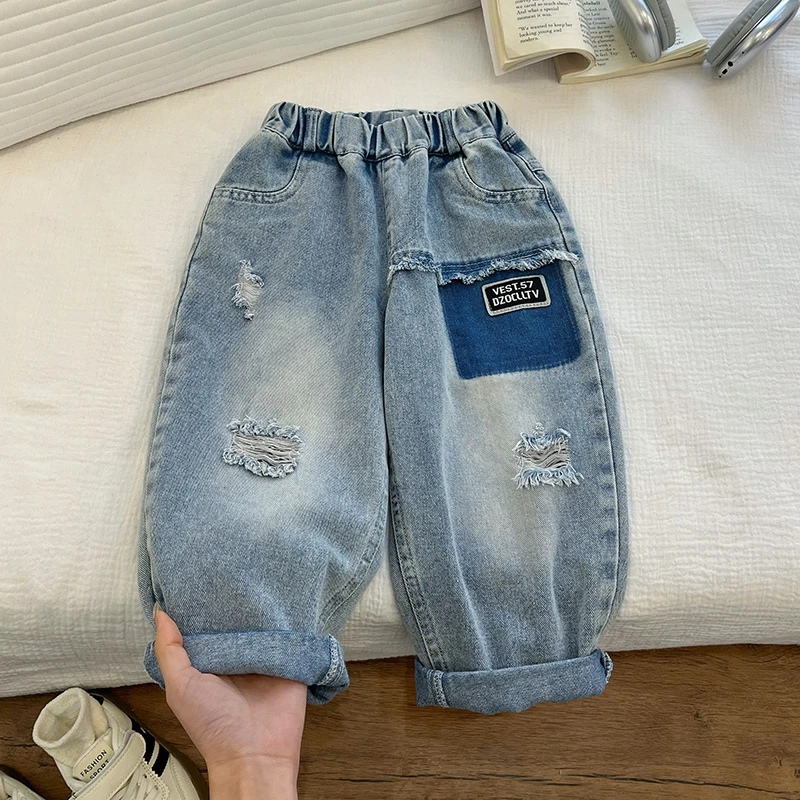 春秋季新款男童牛仔裤春款口袋拼接洋气百搭牛仔裤潮欧若风童装