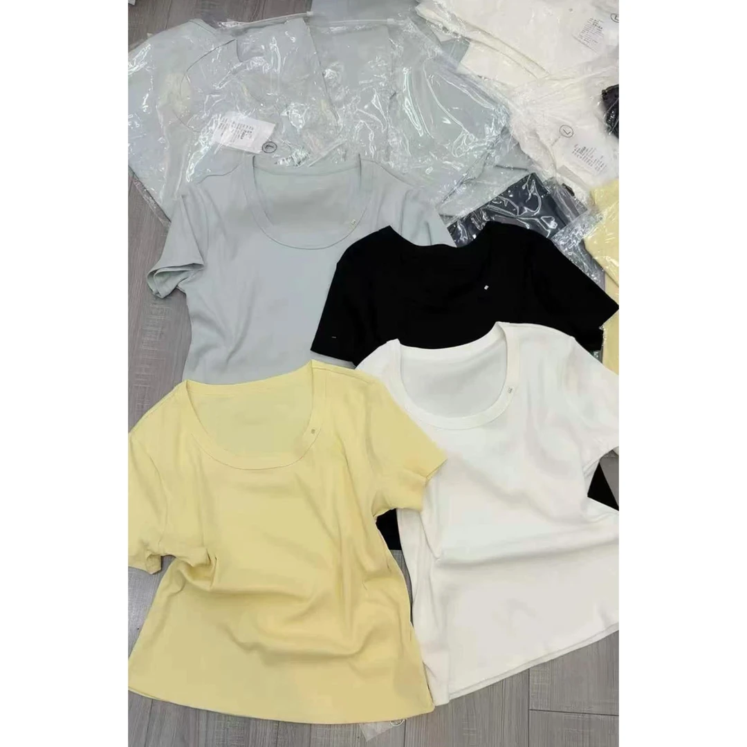 2025夏季新款韩版百搭短袖t恤女显瘦短款U领纯色洋气上衣福利001