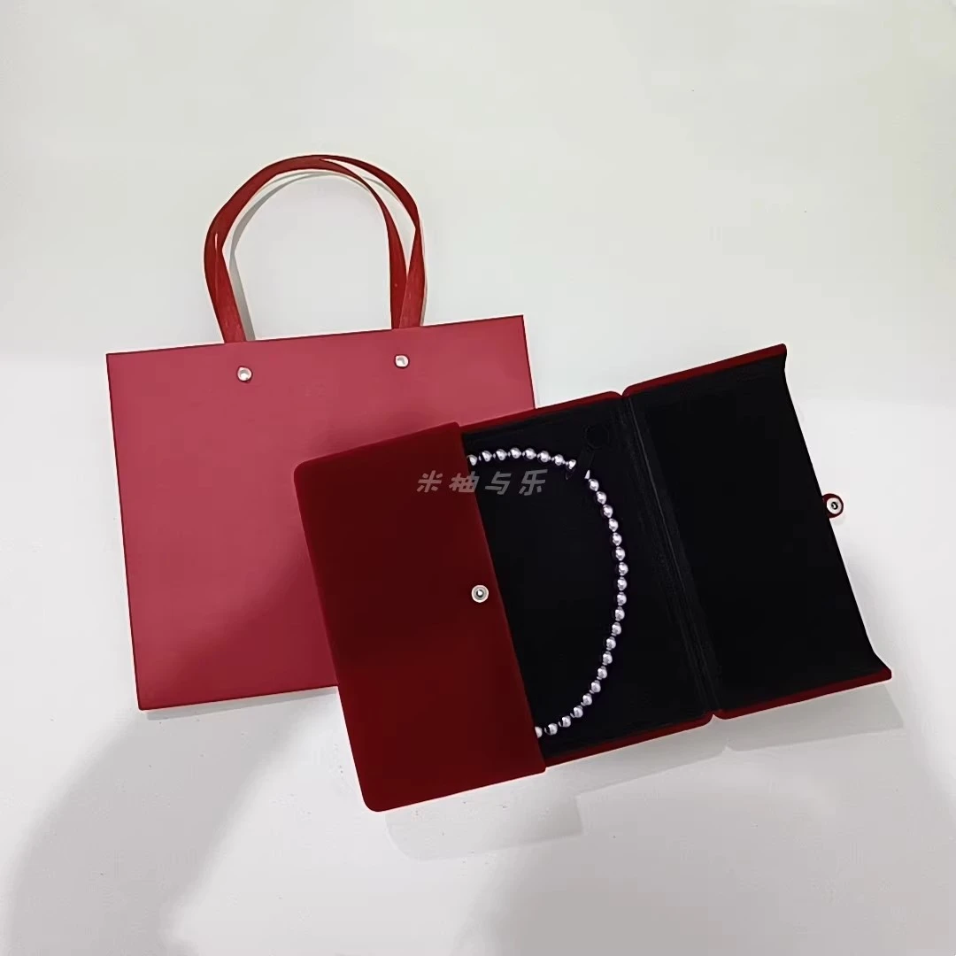 首饰盒/箱 酒红色丝绒珍珠专用盒高档50cm内珠串类大项链两扣盒子