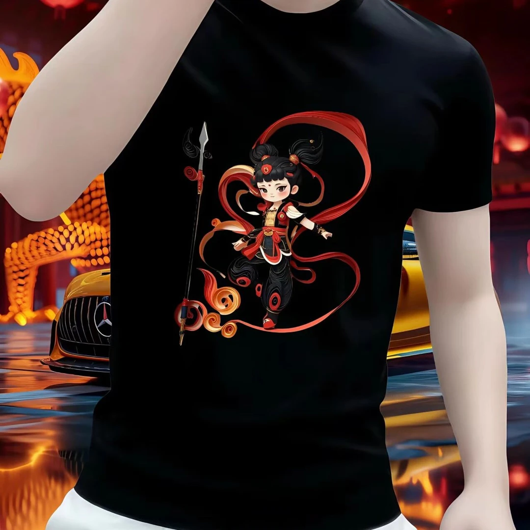 国风重磅弹力短袖T恤男士短T休闲时尚半截袖圆领大码体恤潮流印花