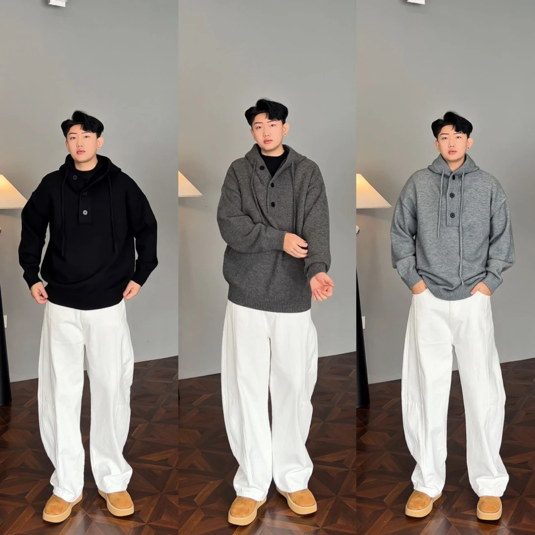 秋冬新款仿羊毛内搭男女同款宽松大码连帽套头慵懒松弛感针织毛衣