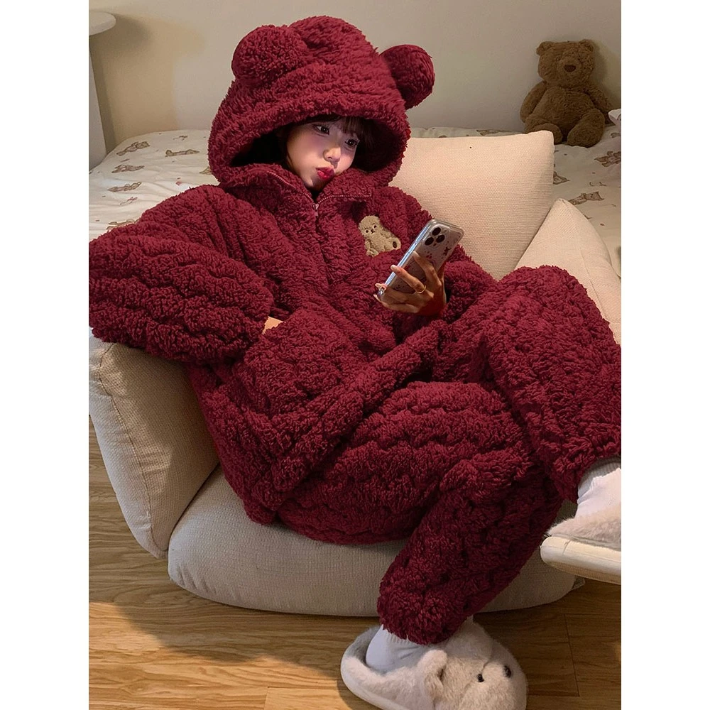 睡衣女三层夹棉秋冬季款加厚珊瑚绒红色马年2026新款本命年家居服