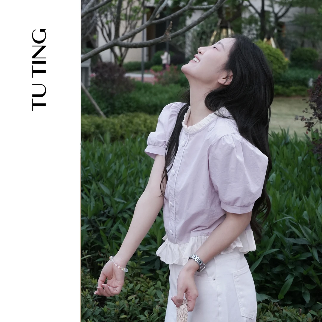 216#花边立体装饰短袖府绸棉纺衬衫休闲甜美时尚好看的小上衣