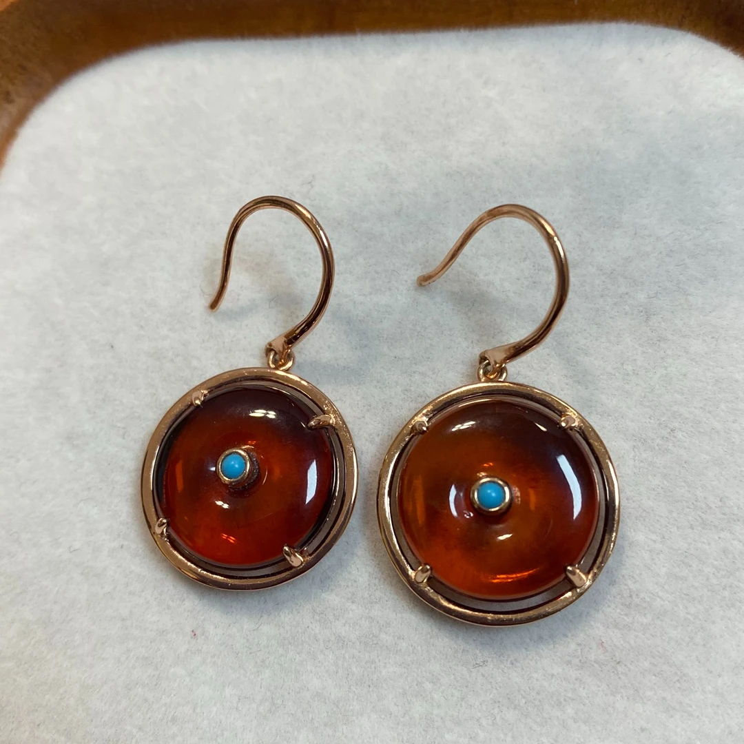 【山珊珠宝】S925银血珀平安扣耳环（02017）