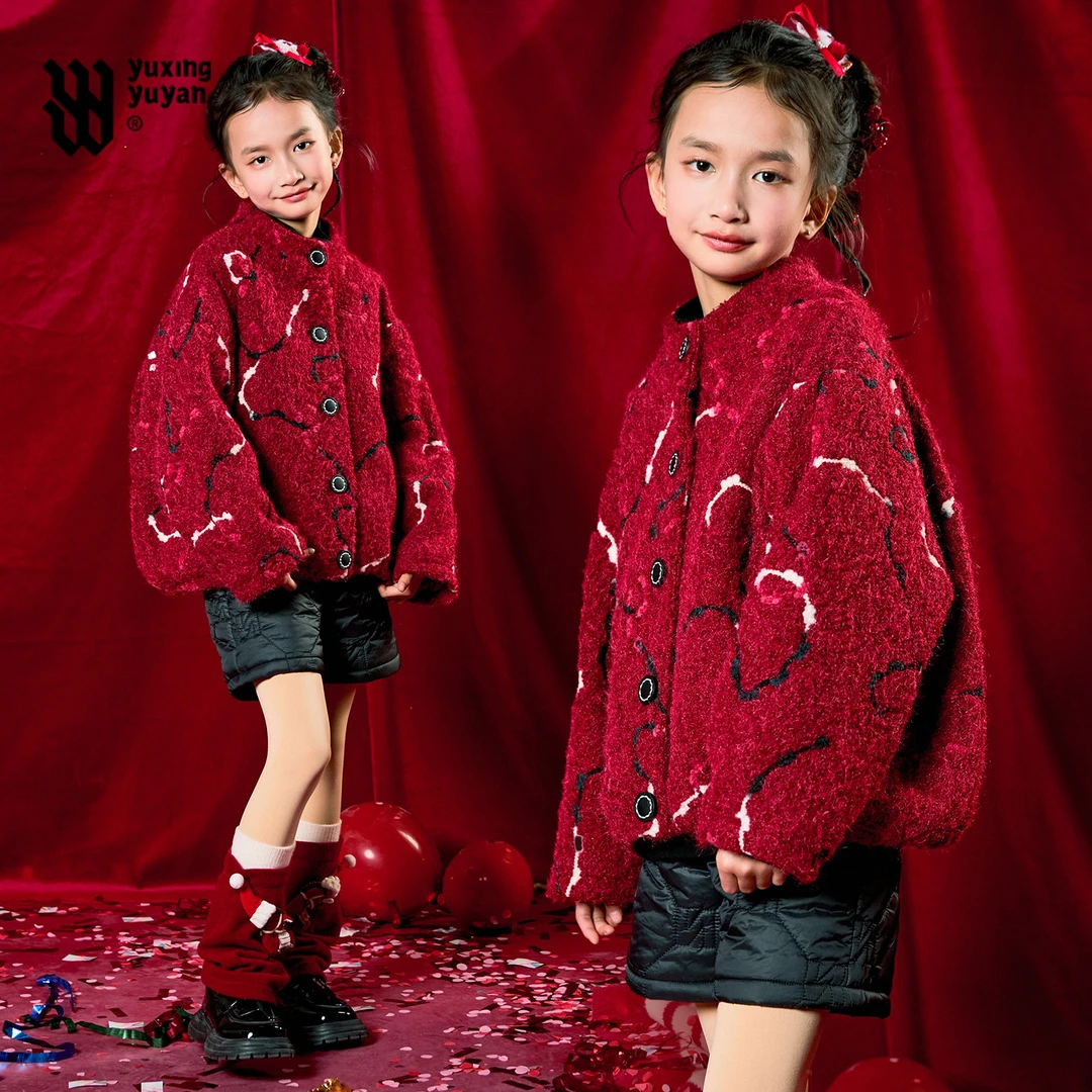 雨星雨嫣女童新年装毛呢外套2026新款加厚毛毛上衣拜年服战袍