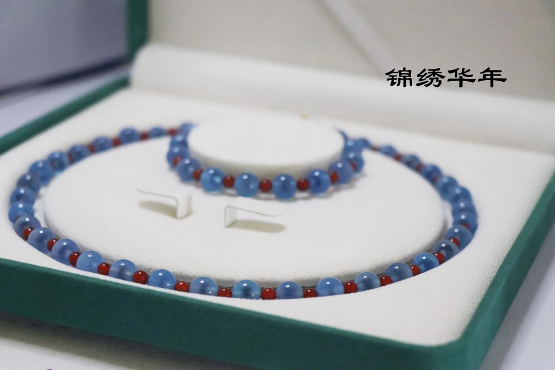 合金石英石手链 新中式蓝色复古七夕国风款项链手链妈妈定制套装