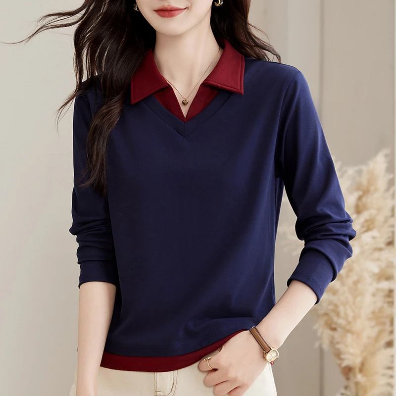 高棉质洋气假两件长袖t恤女春秋新上衣女高档小众百搭翻领打底衫