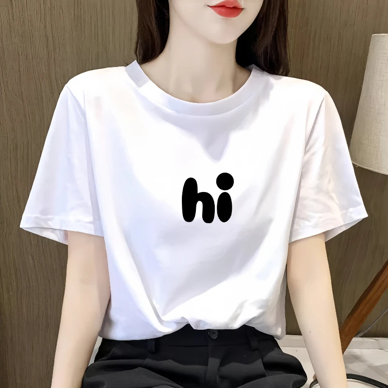 夏季短袖常规款平口下摆T恤女白色正肩T恤闺蜜装短袖印花上衣2025