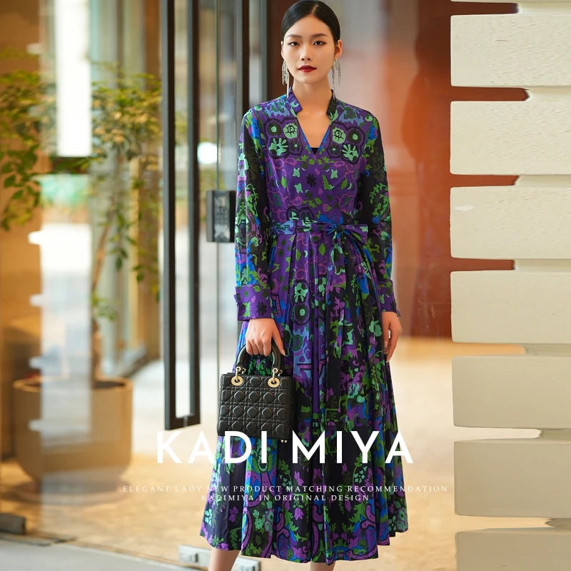 KADIMIYA法式高定系列茹伊印花长款连衣裙收腰气质大摆提花显瘦
