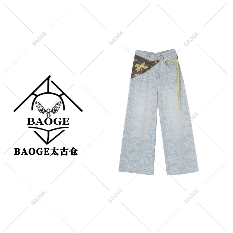 时尚复古做旧花卉印花休闲牛仔阔腿裤女   2750
