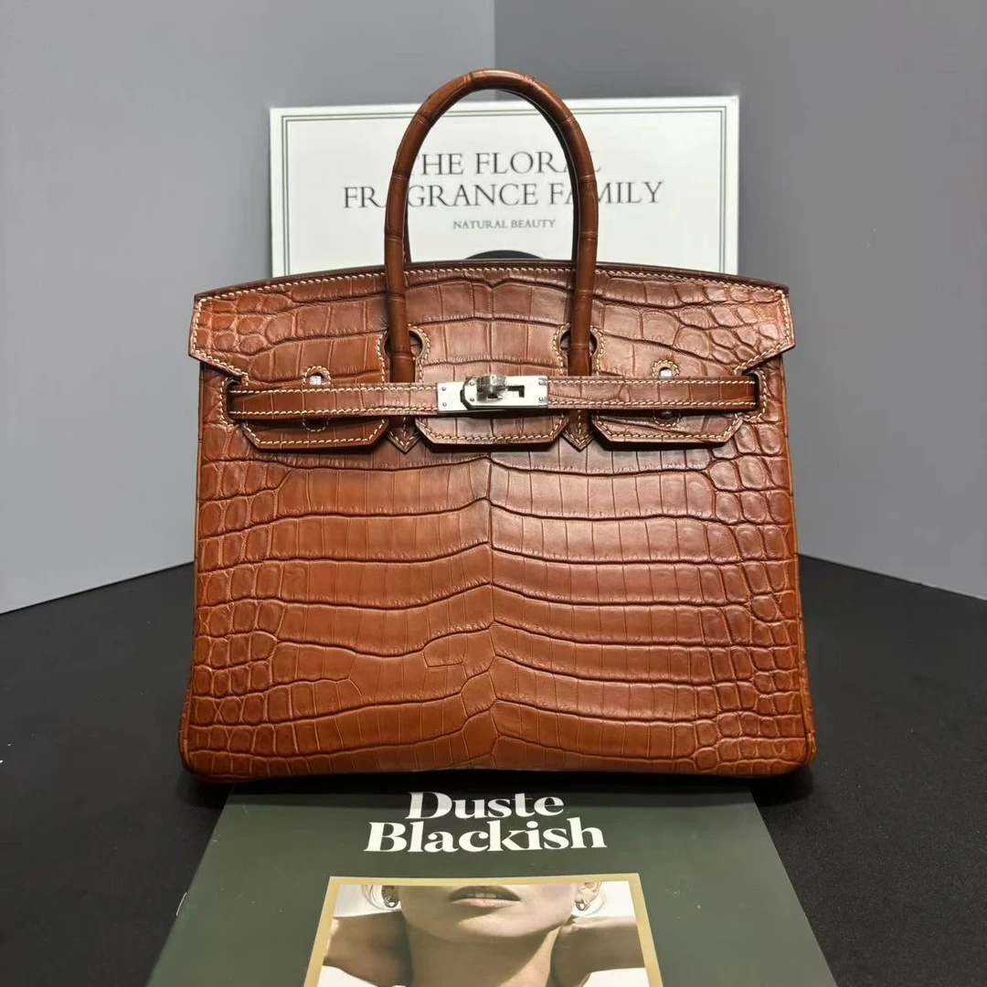 蛇年礼盒高定轻奢BK25CM水染马鞍色雾面鳄鱼皮单肩手提包