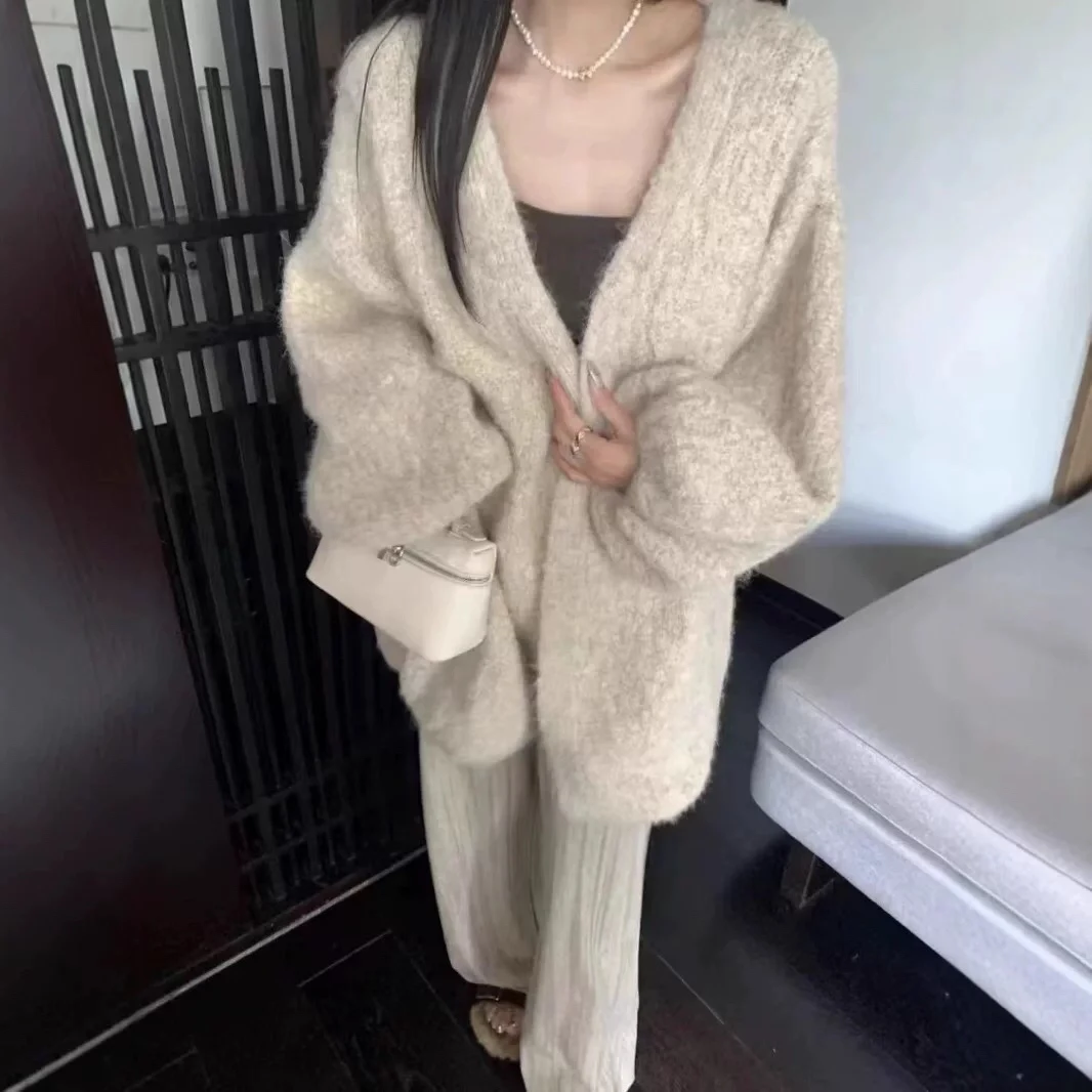 毛针织衫针织蝙蝠女灯笼袖慵懒风圆领外穿中长款开衫宽松