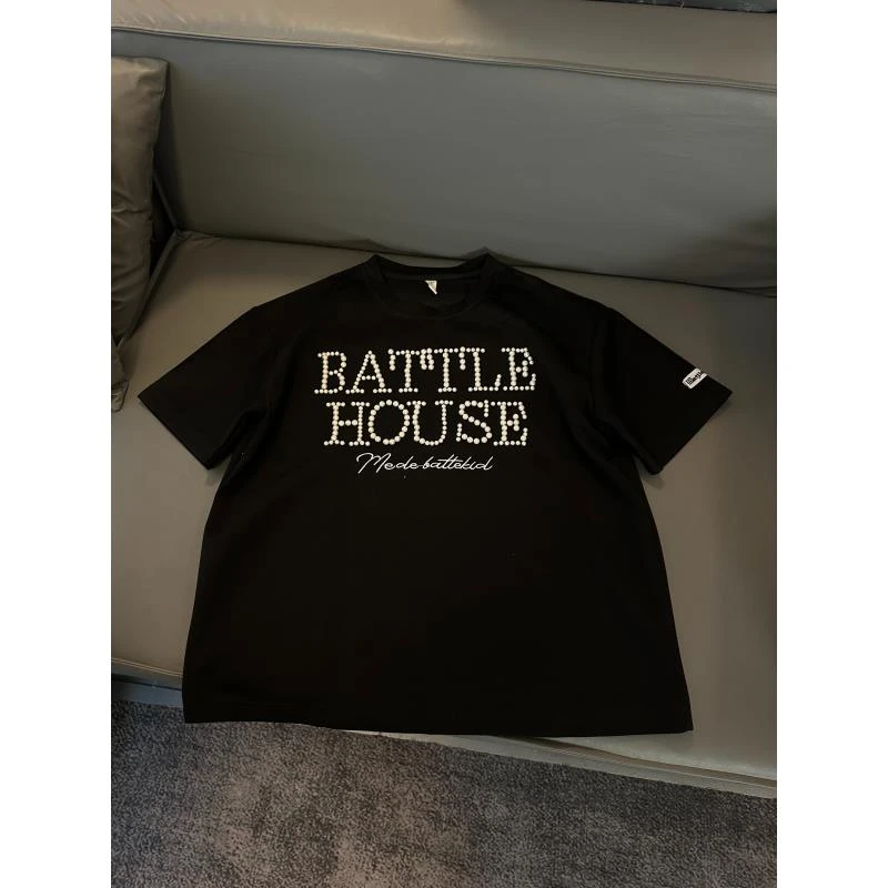 Z86 美式复古小众设计感立体珍珠字母短袖T恤