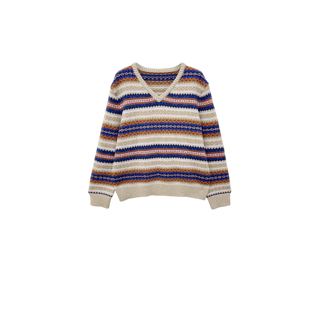 【亚楠本楠】塞纳河畔◆费尔岛慵懒风提花复古V领针织毛衣8834