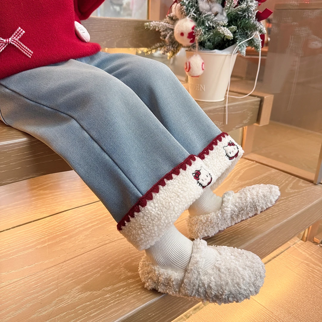 女童加绒阔腿裤秋冬季2025新款儿童宽松牛仔裤宝宝休闲一体绒裤子