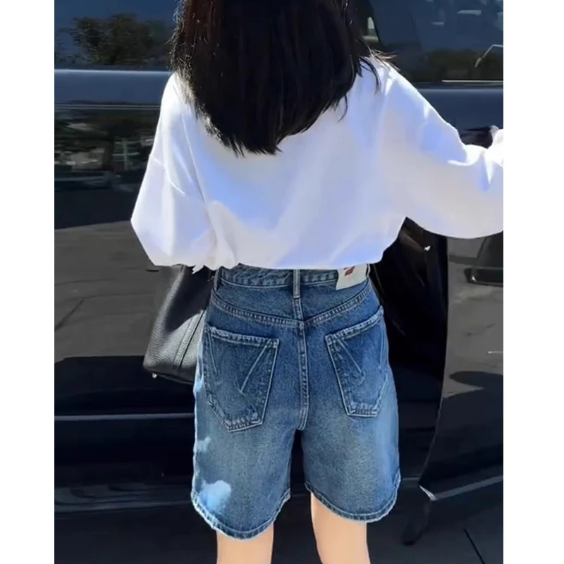 复古做旧阔腿四分牛仔裤女2025夏季新款洋气高腰宽松百搭直筒中裤