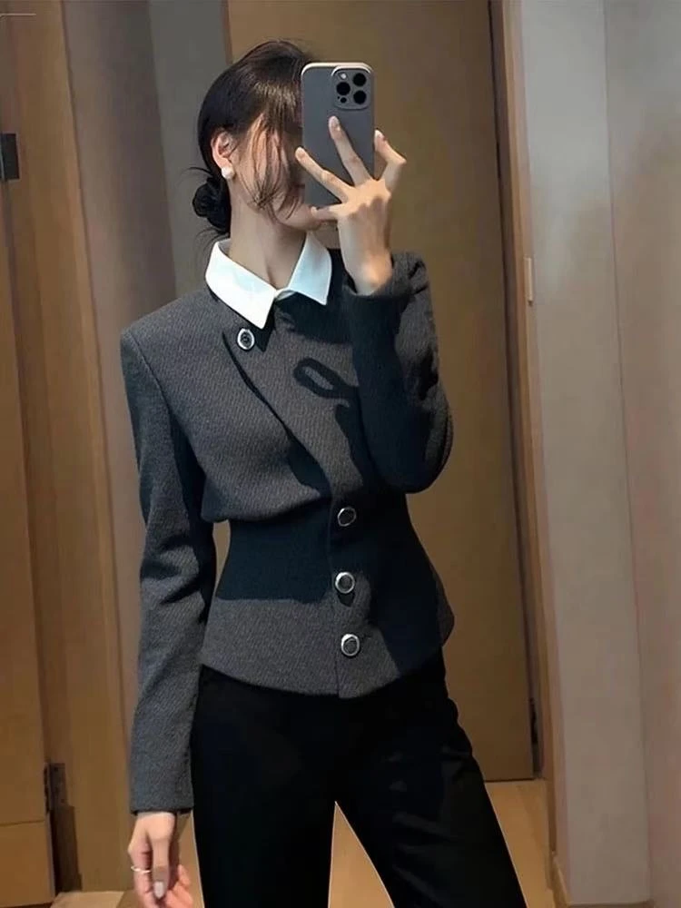 气质高级感小香风羊毛含h外套女装2025秋收腰显瘦假两件短款秋冬