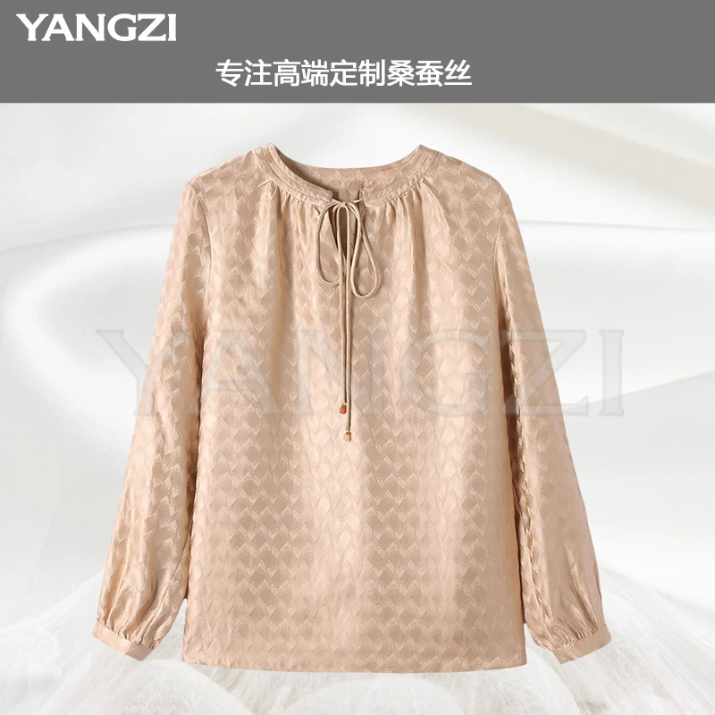 漾姿宽松圆领提花25姆米重磅系带桑蚕丝长袖小衫 XGX253-25624