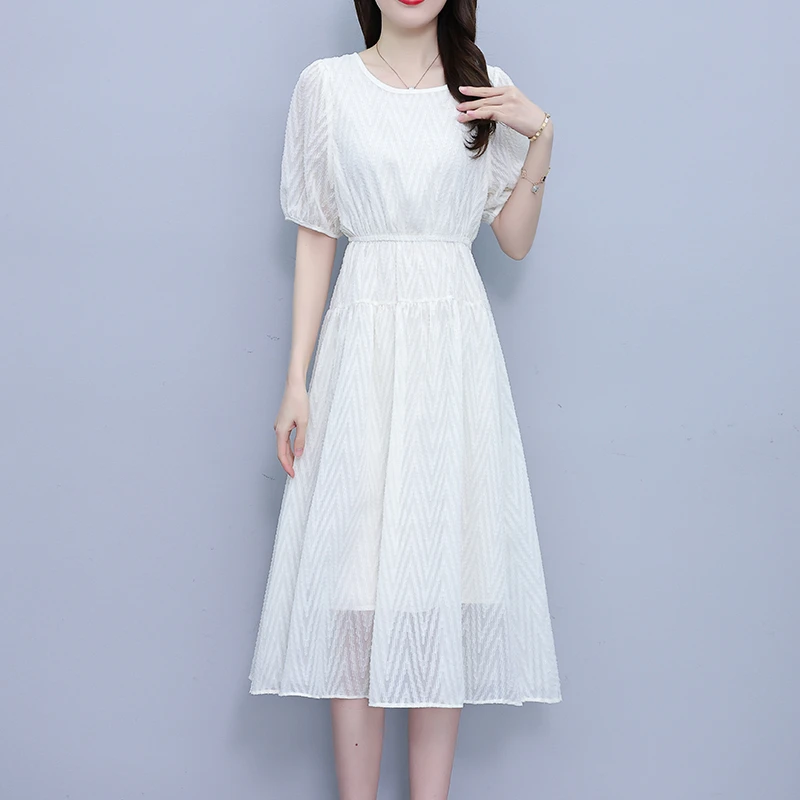 高档白色真丝连衣裙2025新款夏季短袖中长款修身显瘦仙女时尚裙子