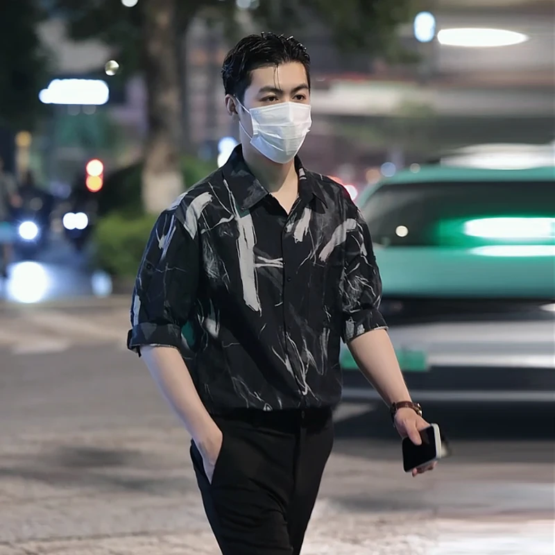 夏季男士中袖衬衫潮流帅气百搭宽松花衬衫薄款休闲短袖衬衣男痞帅