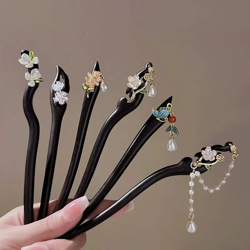 诗泊雅 爆款发簪紫檀木蝴蝶古风马面气质中式发钗盘发汉服后脑勺