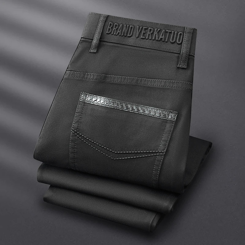 约文库费高端时尚春夏季男款黑色牛仔裤水洗修身休闲口袋皮长裤子