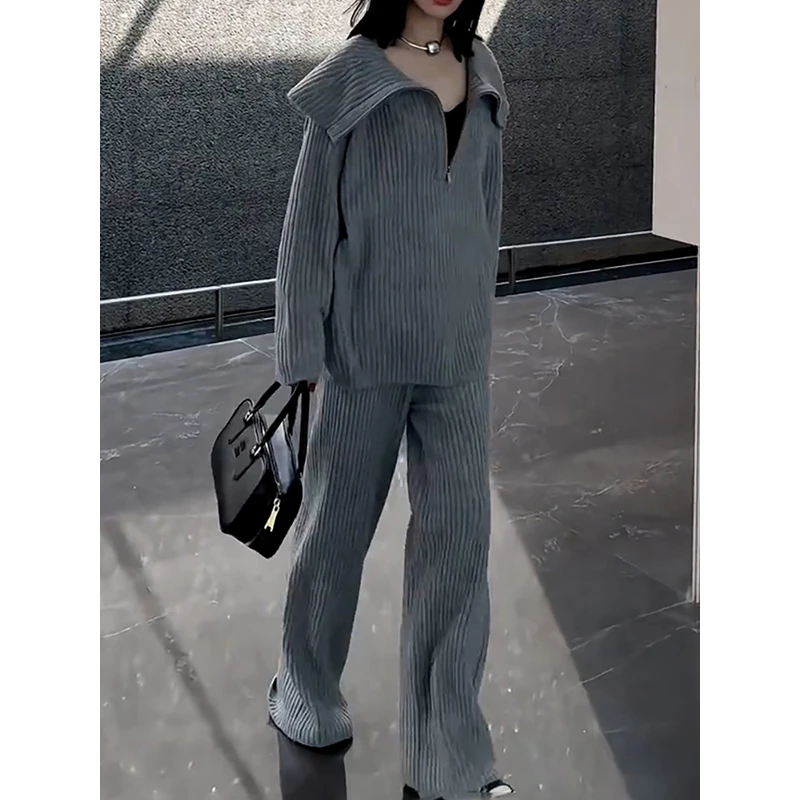 韩版时尚百搭针织裤套装2025秋季新款慵懒风半拉链长袖卫衣+裤子