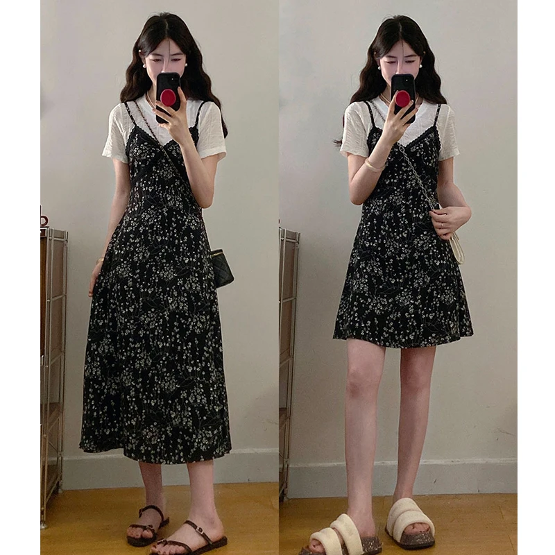 2025夏季大码女装新款时尚假两件印花胖MM收腰显瘦长短款连衣裙