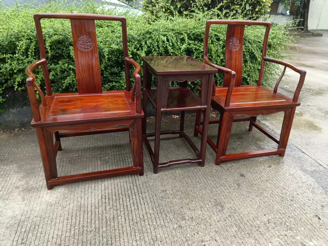 赞比亚血檀南管帽椅太师椅三件套家用客厅中式三件套凳子新中式