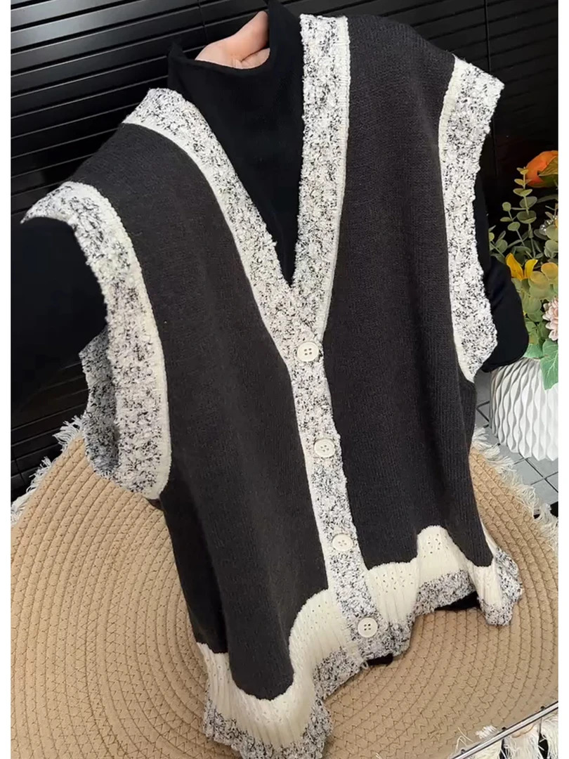 双十一法式小香风撞色V领针织马甲背心半高领t恤打底衫两件套装女