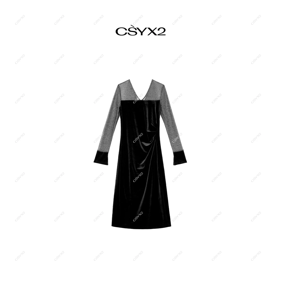 CsyX2-2025星河优雅拼接长袖连衣裙CZ4QL001