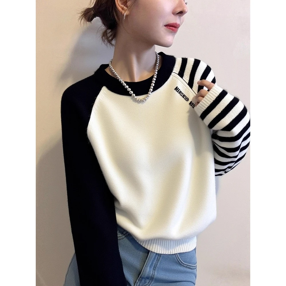 法式温柔风百搭针织衫女秋冬撞色条纹减龄显瘦套头打底衫毛衣上衣